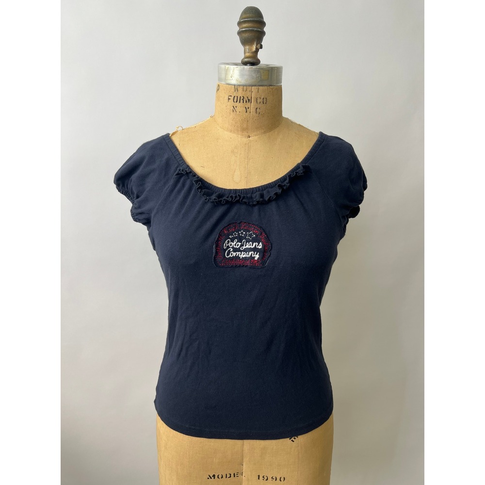 Polo Jeans Co Ralph Lauren Womens Navy Blue Ruffle Neck Logo Patch Top Size M